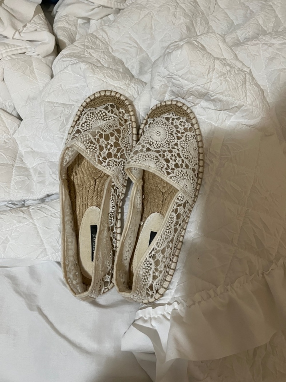 Beautiful Embroidered Lace Espadrille Flats - Cream Slip-Ons